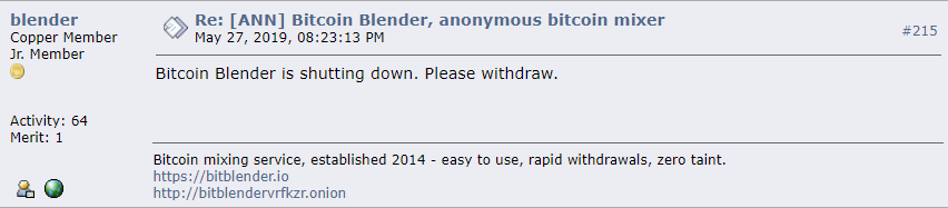 Криптовалютный миксер Bitcoin Blender объявил о прекращении деятельности