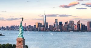 Нью-Йорк, статуя свободы, город, небо, вода