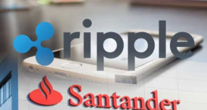 Логотип Ripple, логотип Banco Santander, смартфон, здание