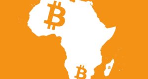 оранжевая иллюстрация с контуром границ африки и биткойн