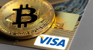 Биткоин, монета, карта Visa