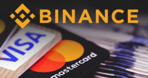 Логотип Binance, карты Visa, Mastercard
