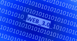 надпись web 3.0 на синем фоне внутри двоичного кода